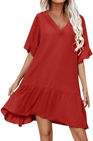 Womens Ruffle Midi Dress Summer Swimsuit Coverups Sexy V Neck Bathing Suit Cover Ups Casual Loose Short Sleeve Dress