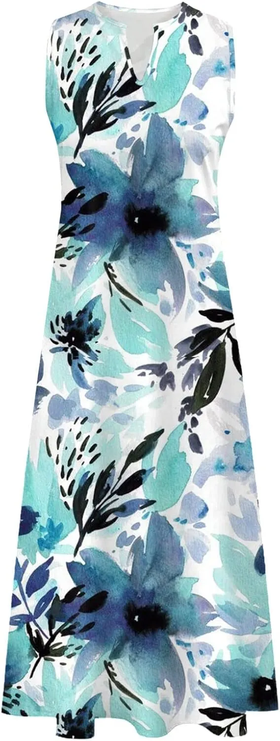 Women's Sexy Bodycon Tank Dress Boho Floral Printed Basic Sleeveless Maxi Dresses V Neck Party Club Beach Sundresses