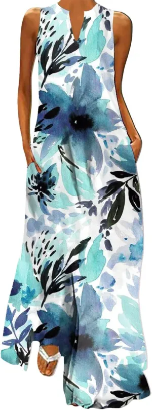 Women's Sexy Bodycon Tank Dress Boho Floral Printed Basic Sleeveless Maxi Dresses V Neck Party Club Beach Sundresses