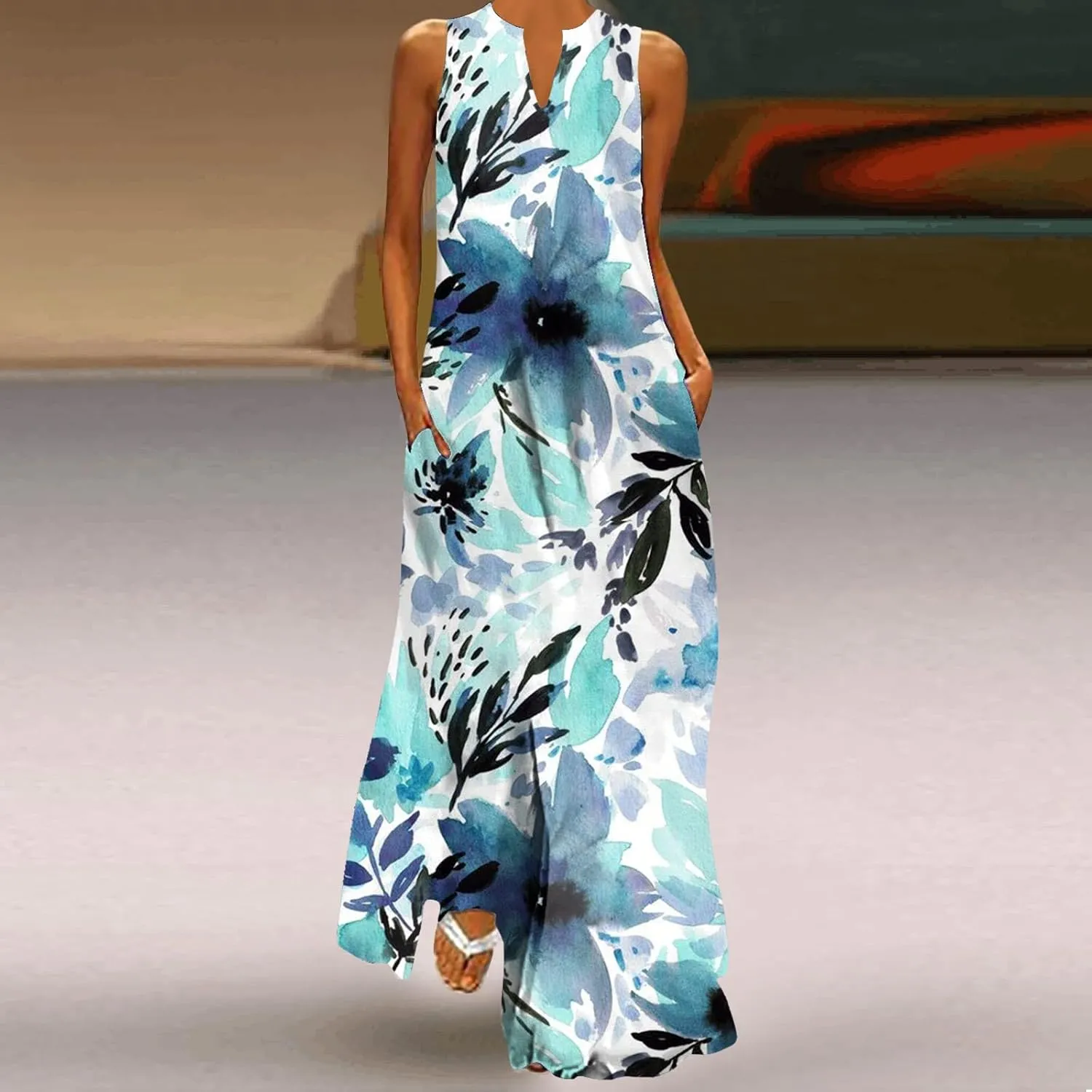 Women's Sexy Bodycon Tank Dress Boho Floral Printed Basic Sleeveless Maxi Dresses V Neck Party Club Beach Sundresses