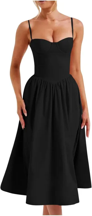 Womens Sexy Square Neck Corset Dress Sleeveless Spaghetti Strap Bustier Midi Dresses Backless Cottagecore Sundresses