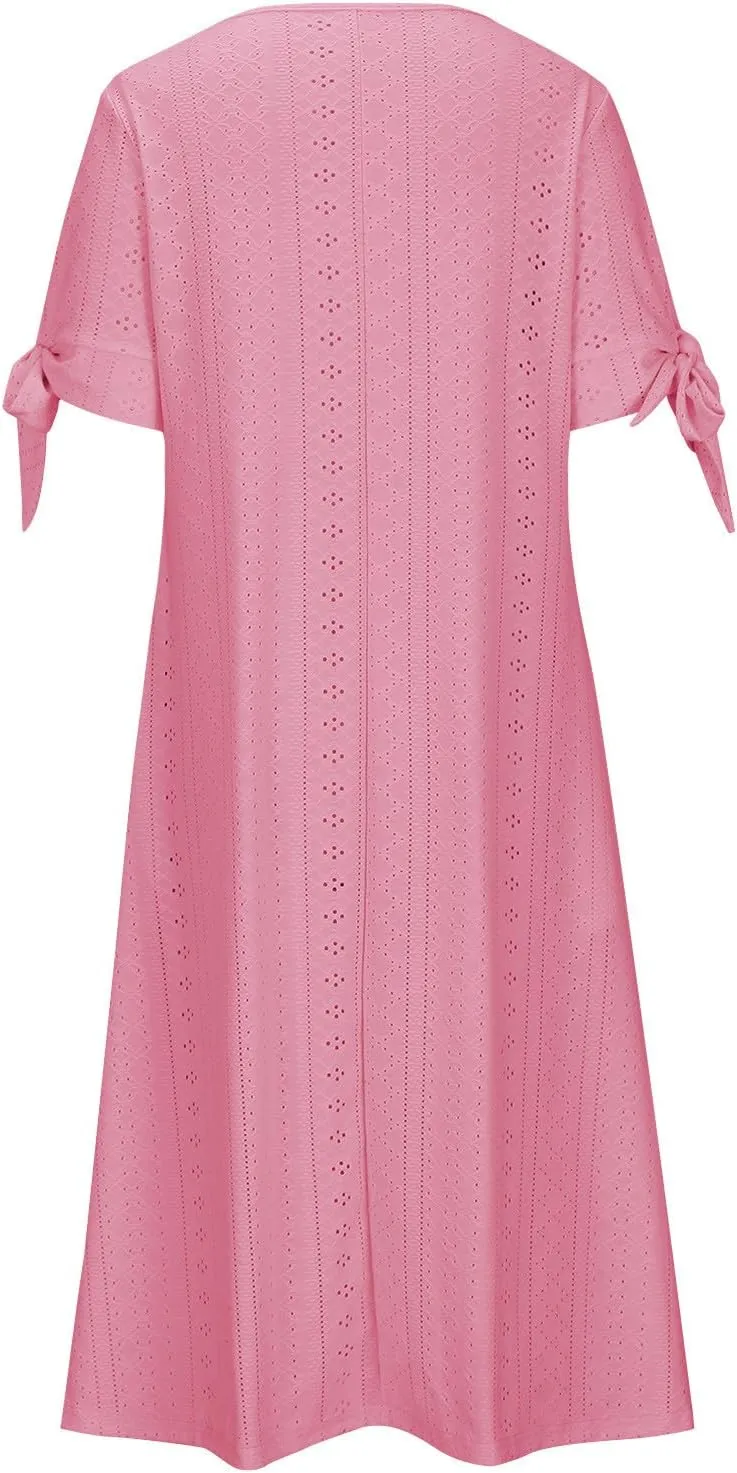 Womens Short Sleeve V Neck Sundress Simple Solid Color Midi Dress Button Up Comfortable Summer Eyelet Dresses