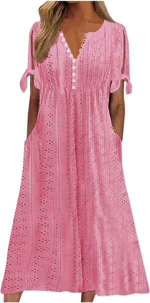 Womens Short Sleeve V Neck Sundress Simple Solid Color Midi Dress Button Up Comfortable Summer Eyelet Dresses