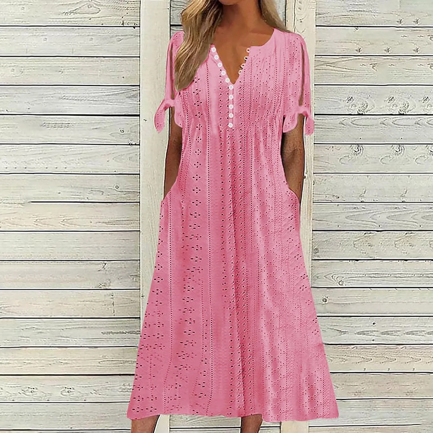 Womens Short Sleeve V Neck Sundress Simple Solid Color Midi Dress Button Up Comfortable Summer Eyelet Dresses