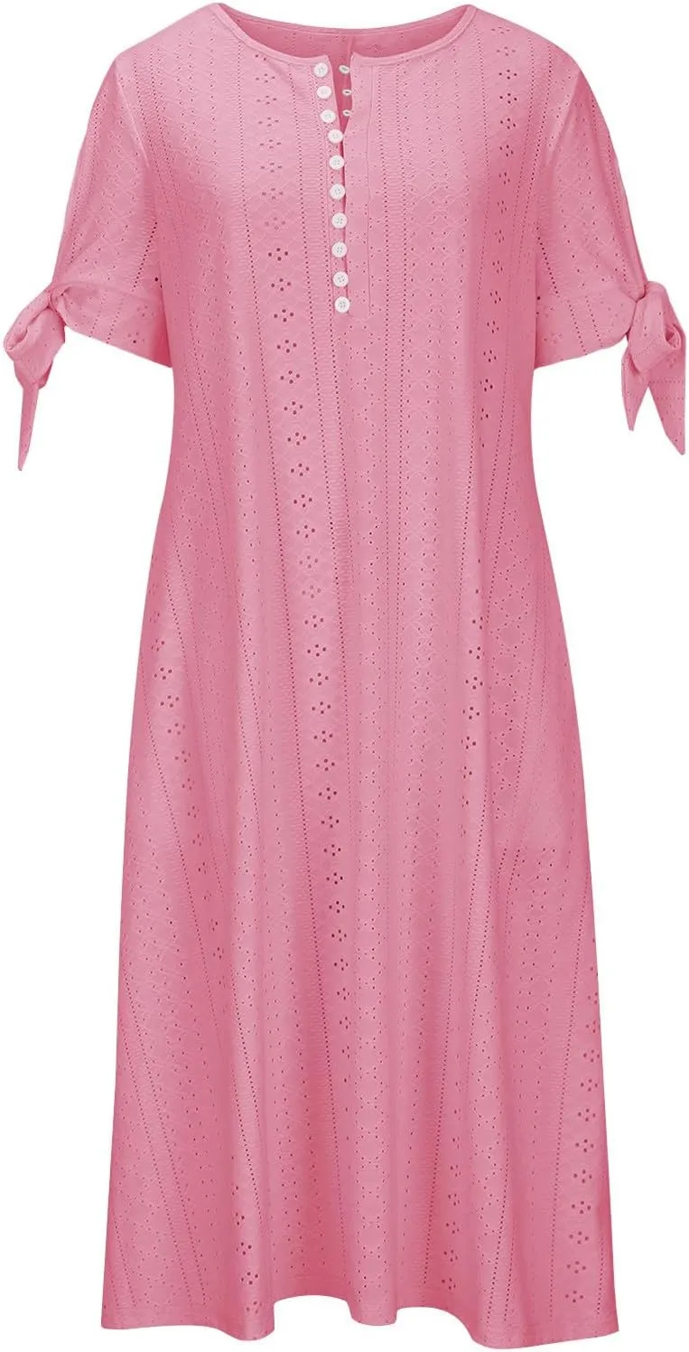 Womens Short Sleeve V Neck Sundress Simple Solid Color Midi Dress Button Up Comfortable Summer Eyelet Dresses