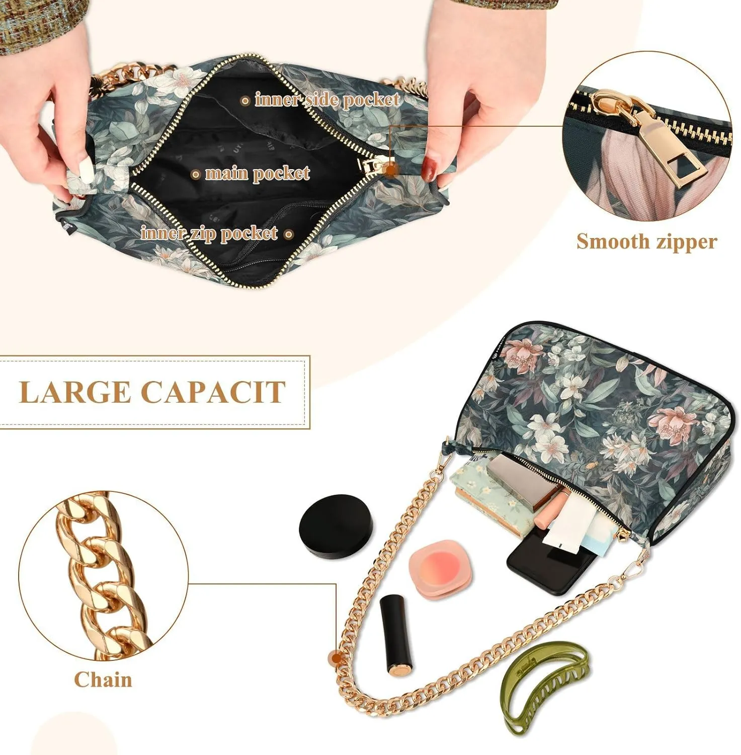 Women's Shoulder Handbags Chain Shoulder Brace for Women Bag Flowers Print Ladies Vacation Handbags Tote Purse,Multi1