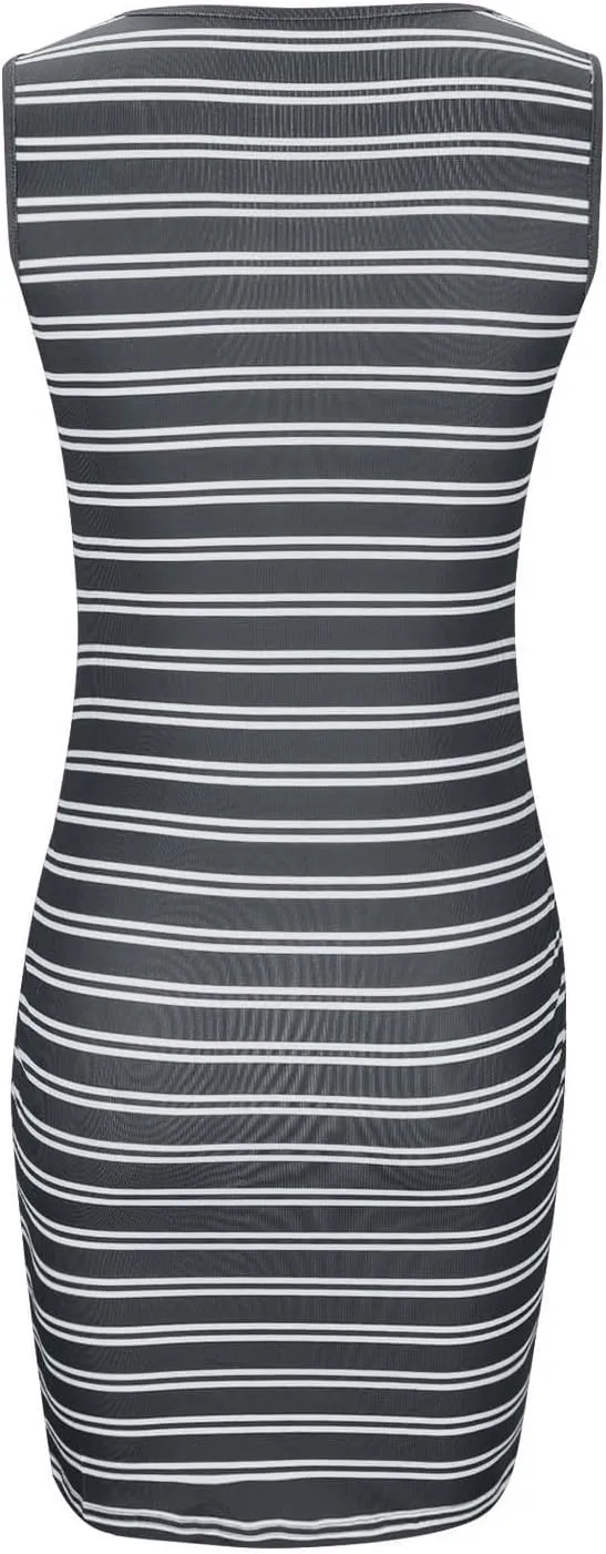 Women's Sleeveless Midi Dresses 2025 Flowy Crew Neck Stripe Dress Comfy Ribbed Sundress Knee Length Wrap Summer Dress