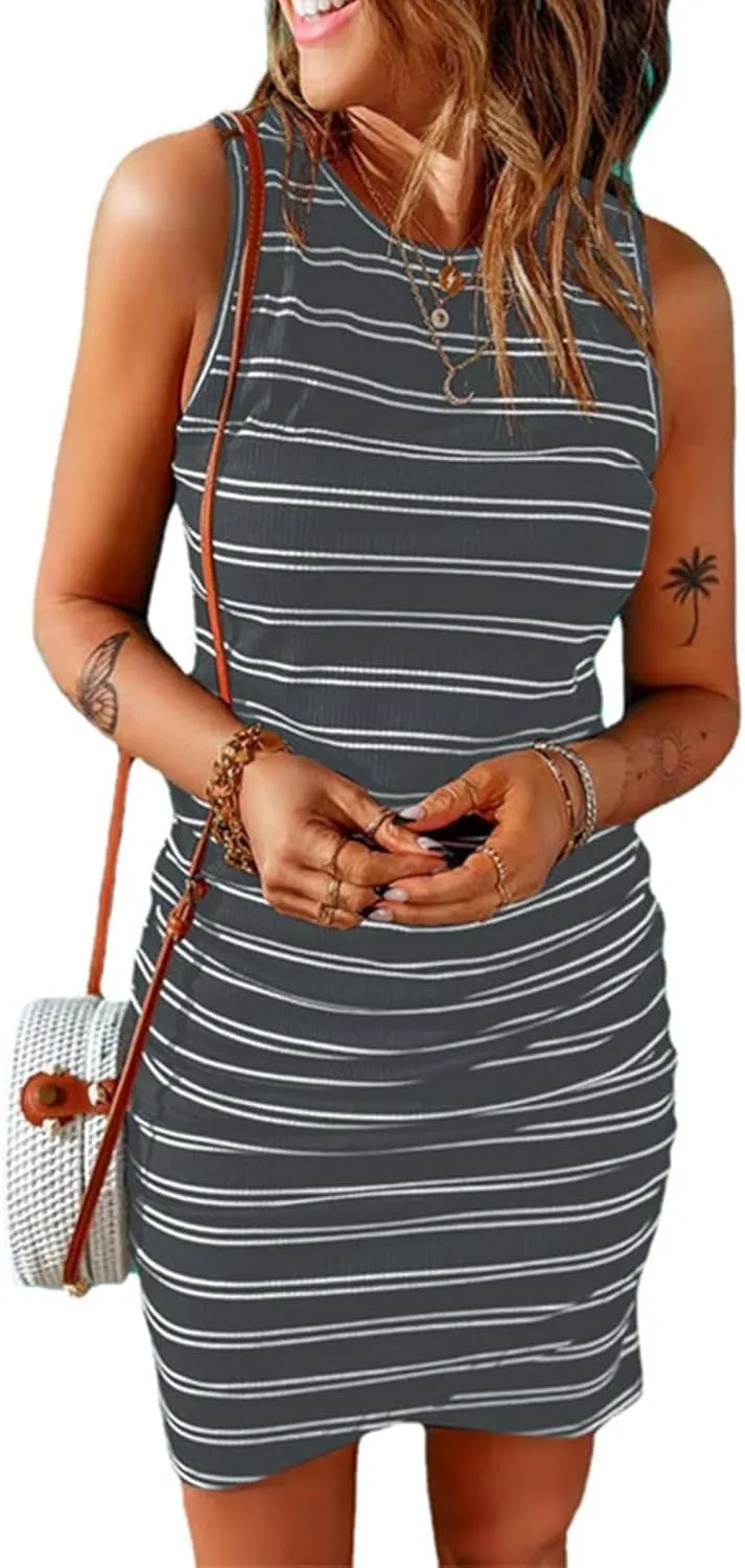 Women's Sleeveless Midi Dresses 2025 Flowy Crew Neck Stripe Dress Comfy Ribbed Sundress Knee Length Wrap Summer Dress