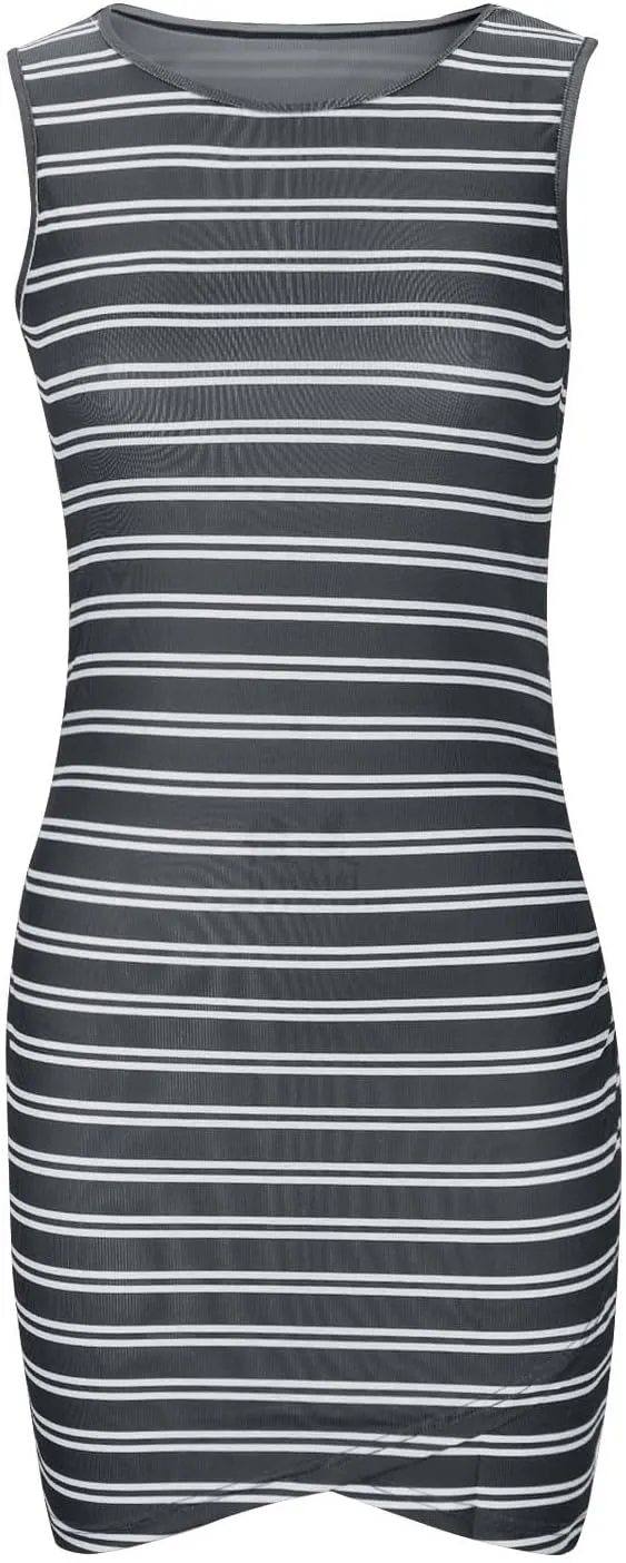Women's Sleeveless Midi Dresses 2025 Flowy Crew Neck Stripe Dress Comfy Ribbed Sundress Knee Length Wrap Summer Dress