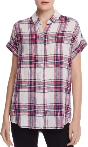 Womens Spencer Linen Blend Plaid Button-Down Top Red XS
