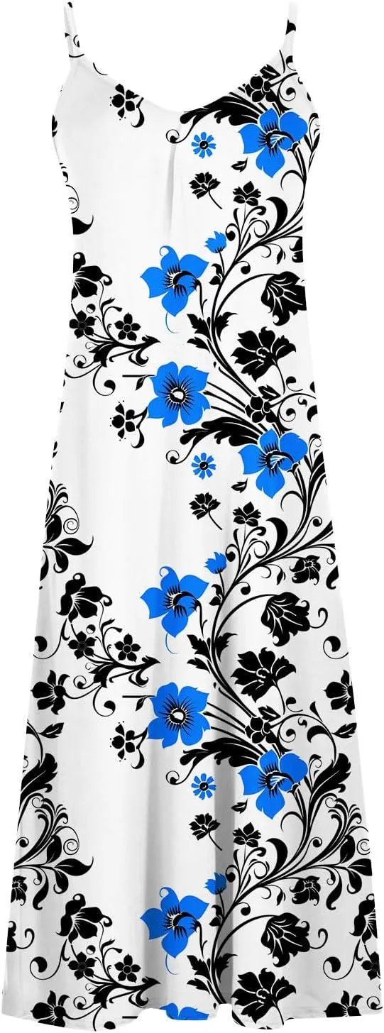 Womens Spring Summer Dresses Spaghetti Strap Floral Print Maxi Dress Trendy Boho Beach Vacation Sundress