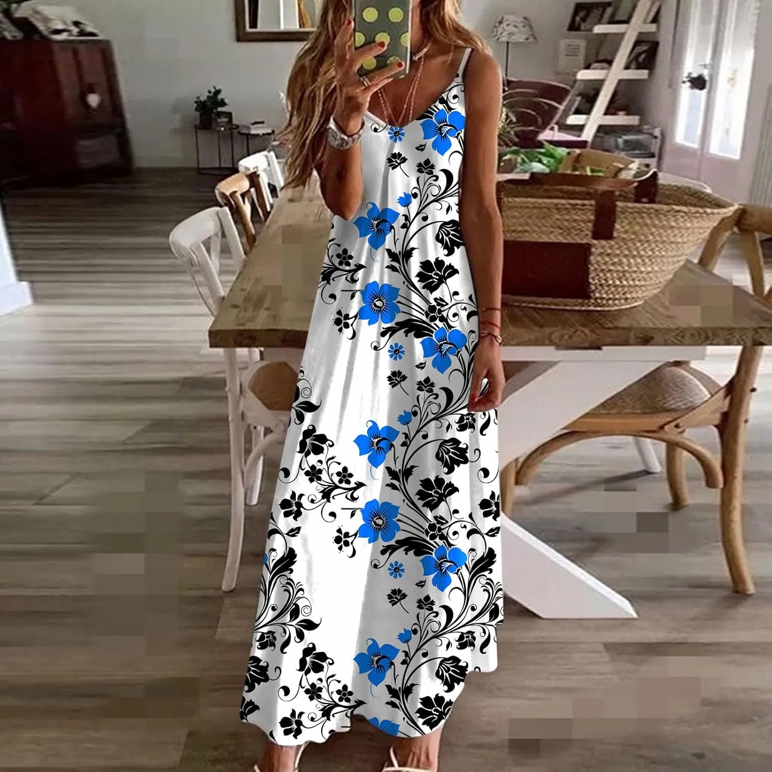 Womens Spring Summer Dresses Spaghetti Strap Floral Print Maxi Dress Trendy Boho Beach Vacation Sundress