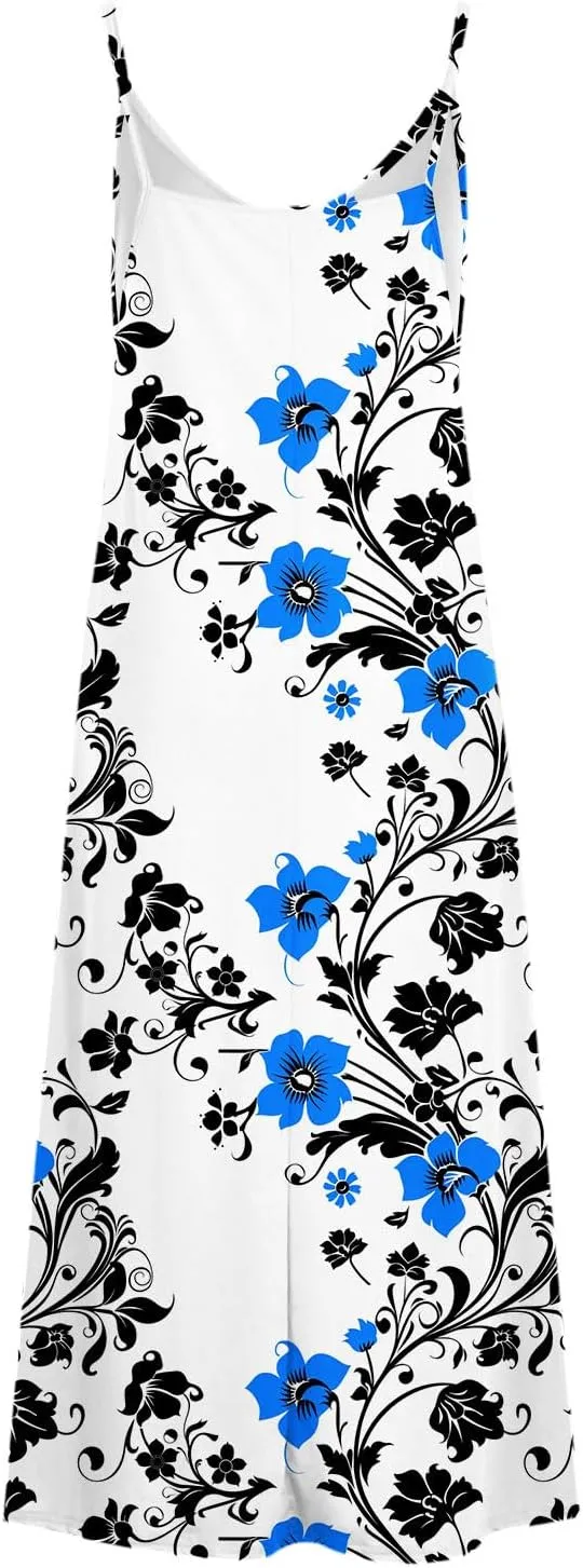 Womens Spring Summer Dresses Spaghetti Strap Floral Print Maxi Dress Trendy Boho Beach Vacation Sundress