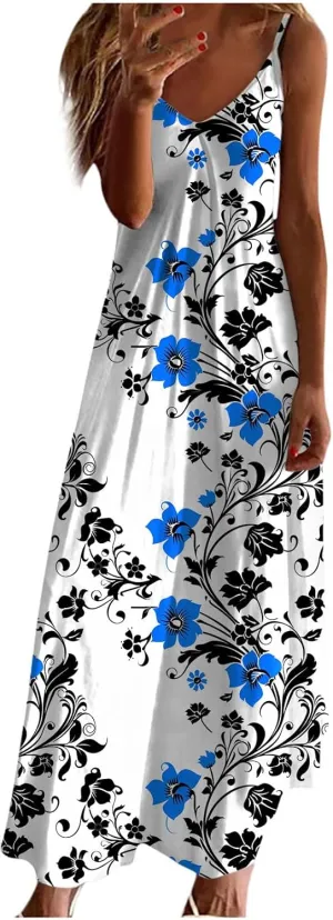 Womens Spring Summer Dresses Spaghetti Strap Floral Print Maxi Dress Trendy Boho Beach Vacation Sundress