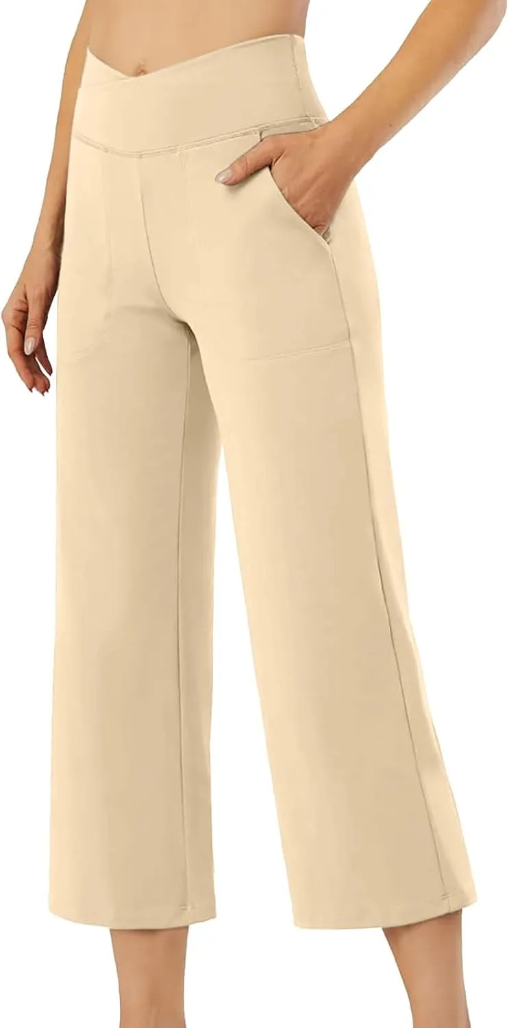 Womens Straight Leg Pants Womens Wrinkle Free Mid Rise Casual Wide Leg Trousers Button Down Loose Work Office Business S