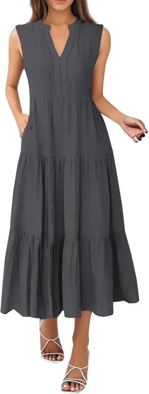 Womens Summer Casual Sleeveless V Neck Maxi Dress 2025 Spring Tie Waist A-Line Flowy Tiered Boho Long Beach Sundress