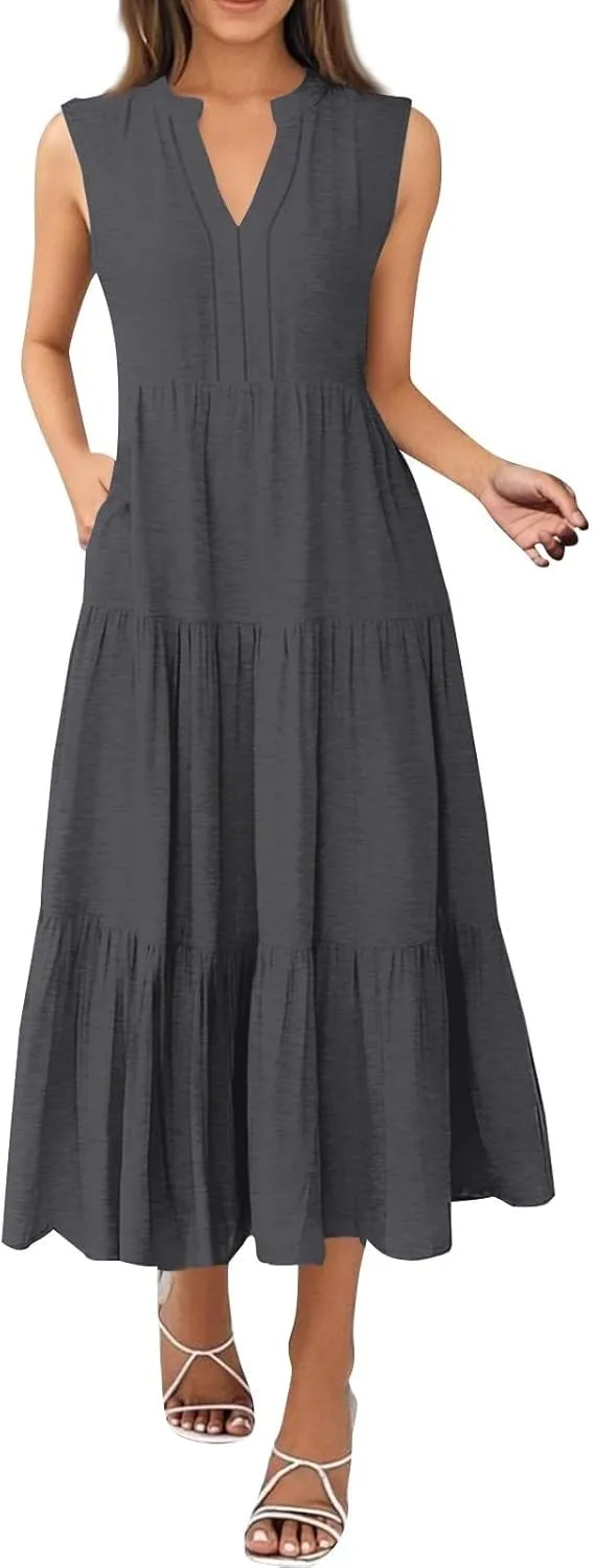 Womens Summer Casual Sleeveless V Neck Maxi Dress 2025 Spring Tie Waist A-Line Flowy Tiered Boho Long Beach Sundress