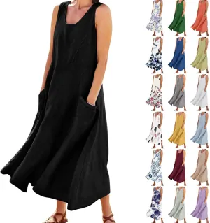Women's Summer Cotton Linen Long Dress Sleeveless Elegant Flowy Dresses Plus Size Loose Comfy Dress with Pockets