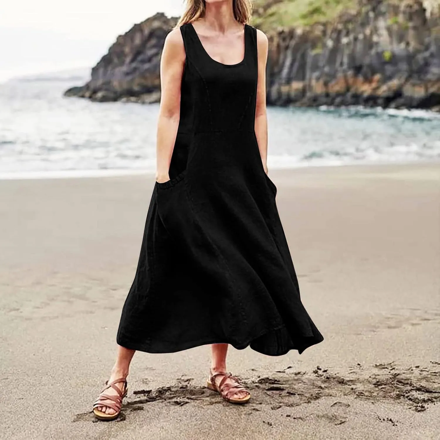 Women's Summer Cotton Linen Long Dress Sleeveless Elegant Flowy Dresses Plus Size Loose Comfy Dress with Pockets