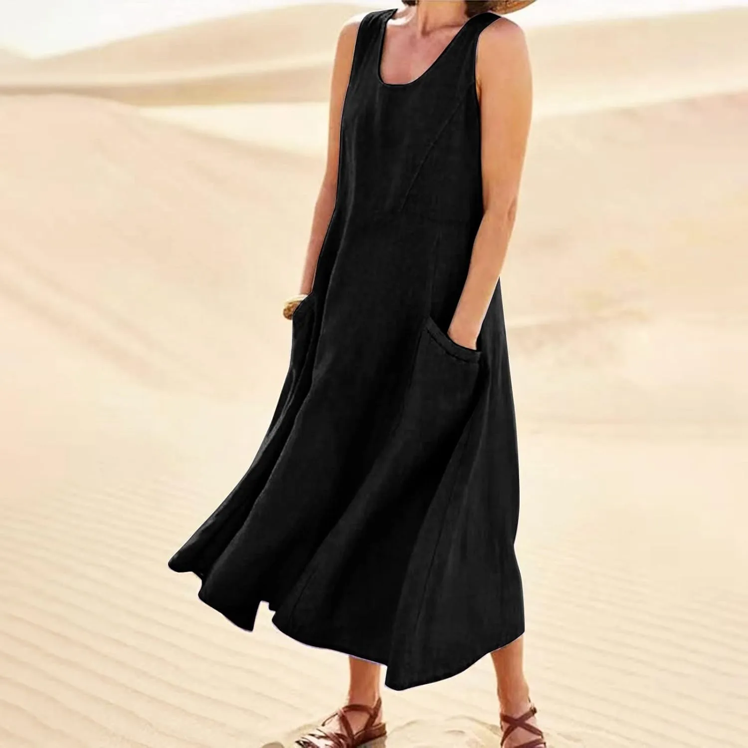 Women's Summer Cotton Linen Long Dress Sleeveless Elegant Flowy Dresses Plus Size Loose Comfy Dress with Pockets