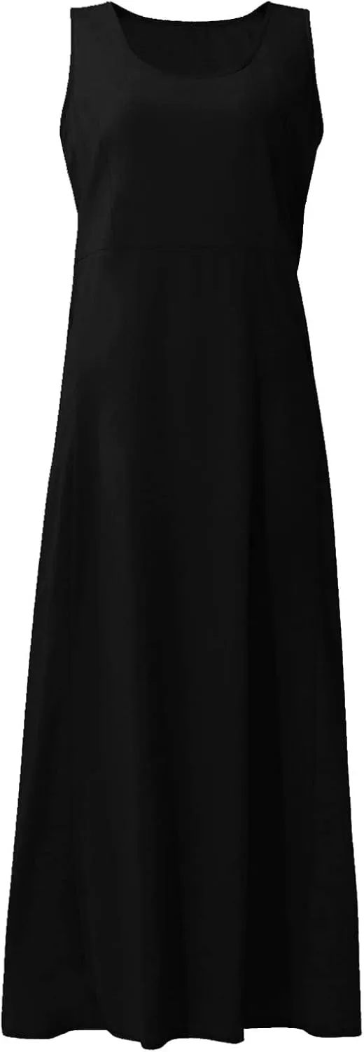 Women's Summer Cotton Linen Long Dress Sleeveless Elegant Flowy Dresses Plus Size Loose Comfy Dress with Pockets