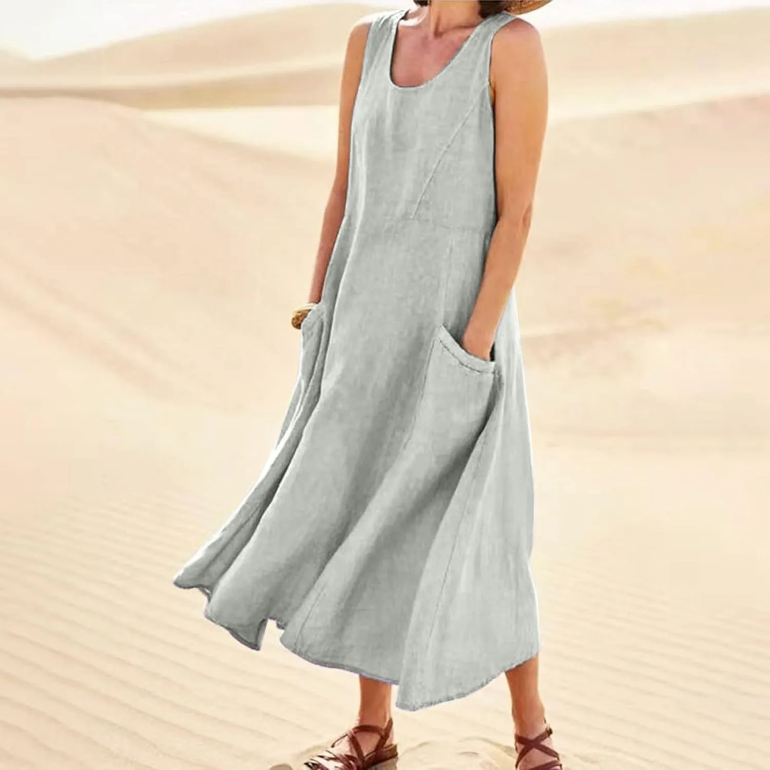 Women's Summer Cotton Linen Long Dress Sleeveless Elegant Flowy Dresses Plus Size Loose Comfy Dress with Pockets
