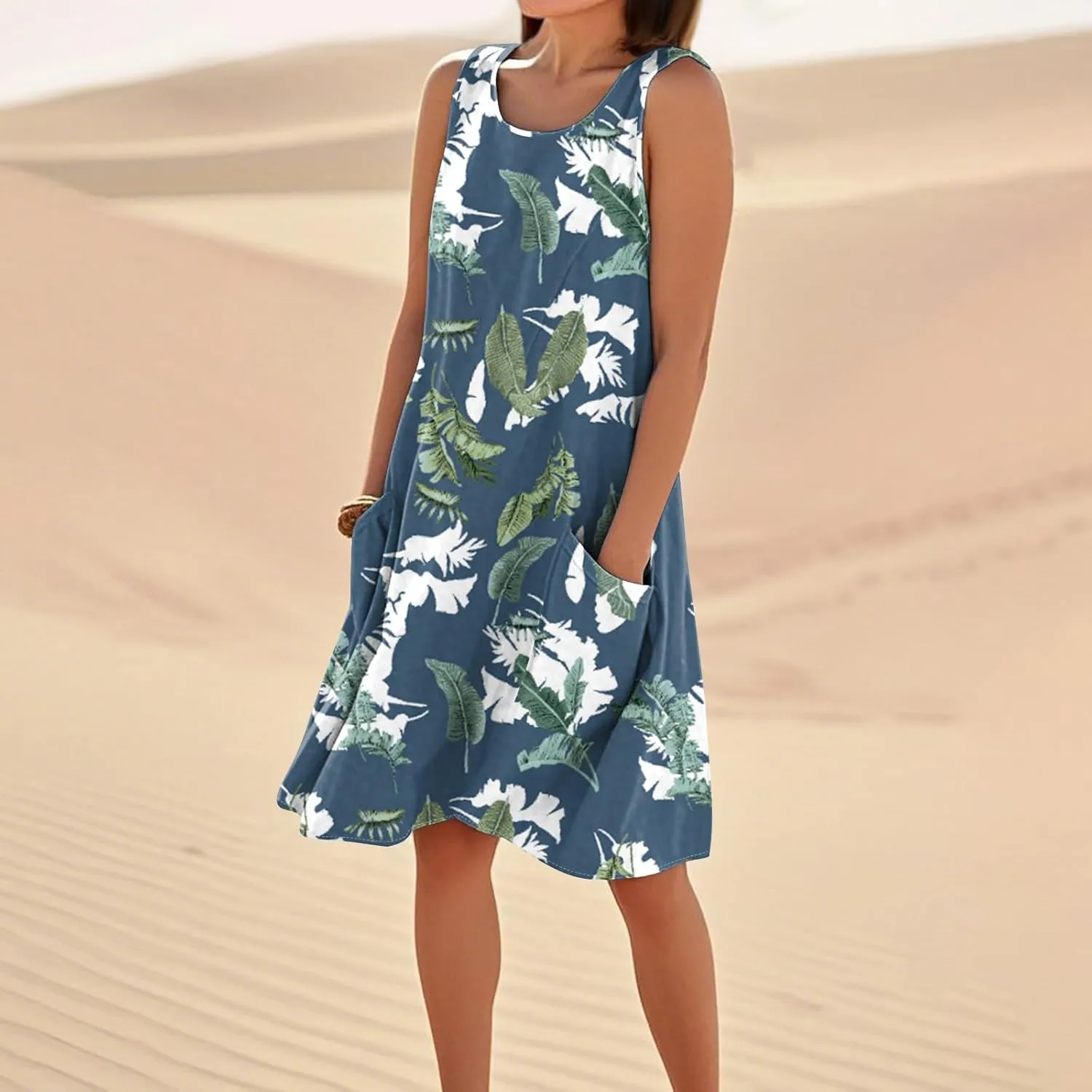 Women's Summer Cotton Linen Midi Dress Sleeveless Boho Beach Tank Dresses Plus Size Loose Comfy Dress with Pocket