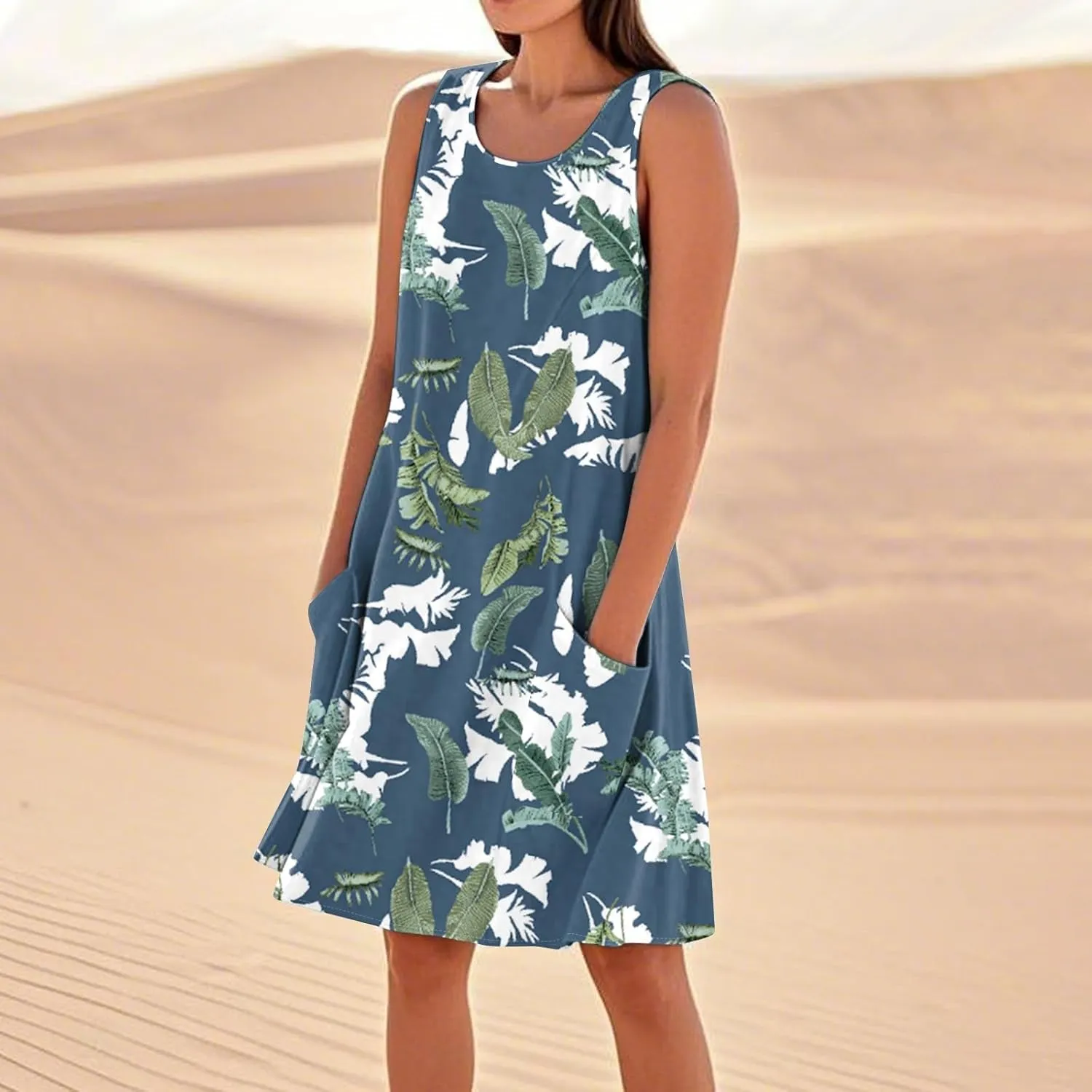 Women's Summer Cotton Linen Midi Dress Sleeveless Boho Beach Tank Dresses Plus Size Loose Comfy Dress with Pocket