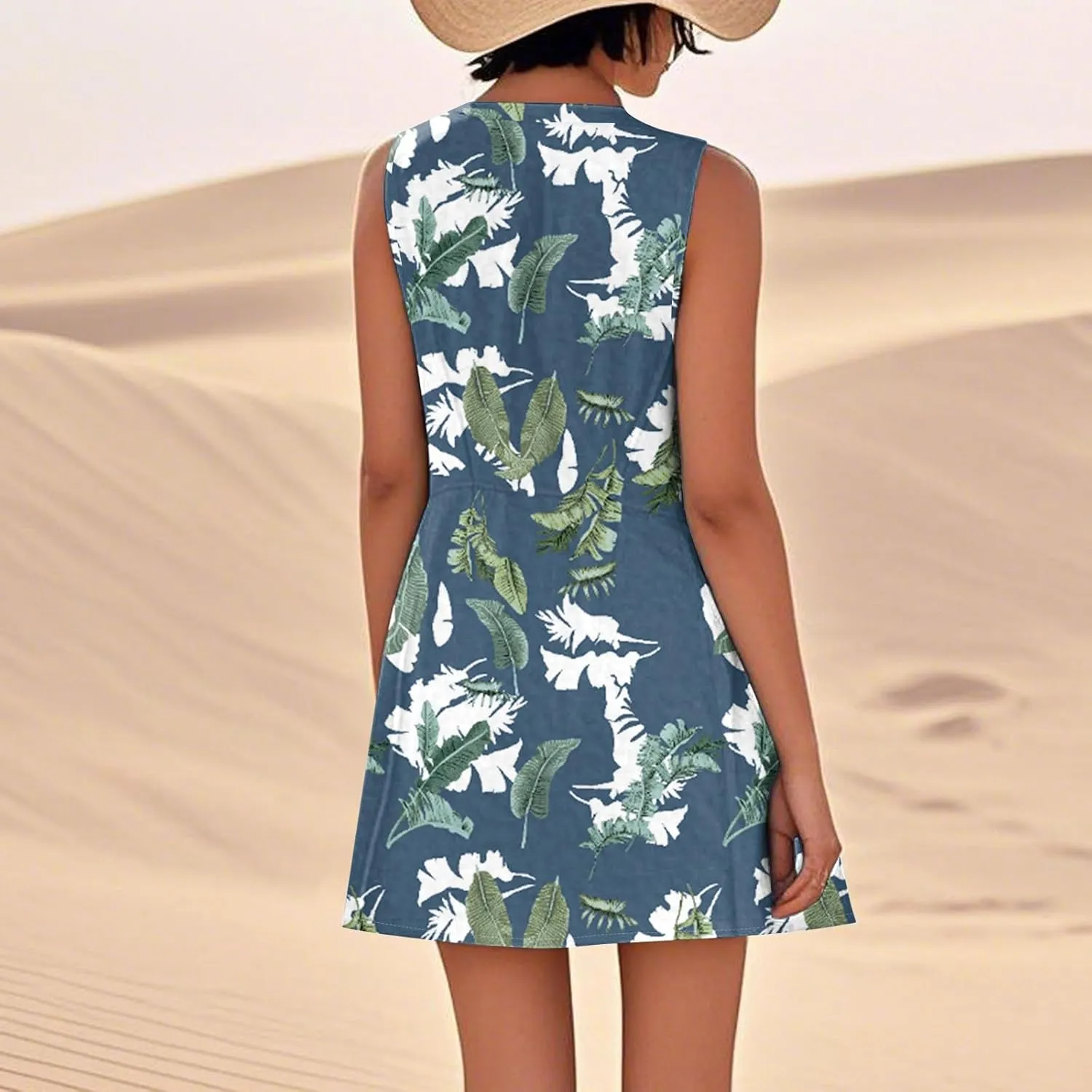 Women's Summer Cotton Linen Midi Dress Sleeveless Boho Beach Tank Dresses Plus Size Loose Comfy Dress with Pocket