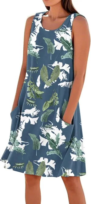 Women's Summer Cotton Linen Midi Dress Sleeveless Boho Beach Tank Dresses Plus Size Loose Comfy Dress with Pocket