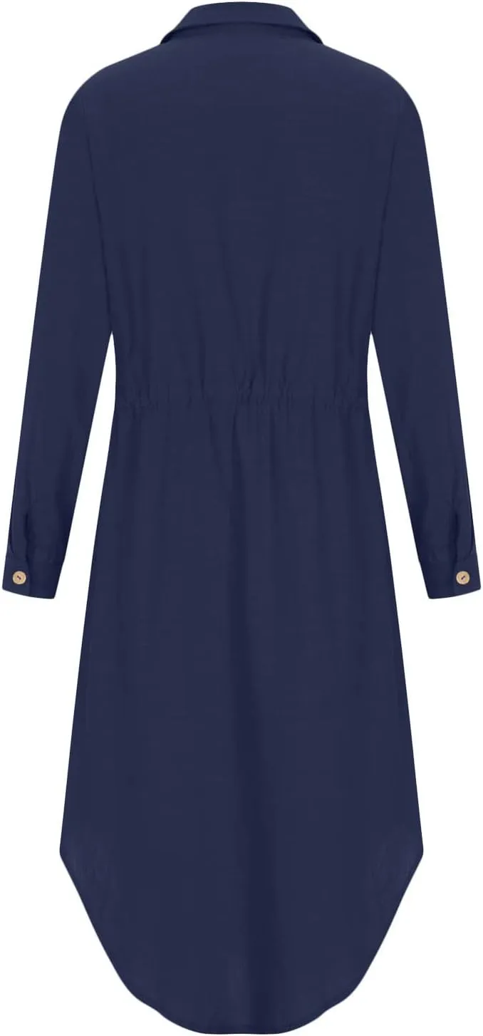 Womens Summer Dresses Long Sleeve Cotton Linen Sundress Lightweight Button Up Loose Casual Midi Dresse
