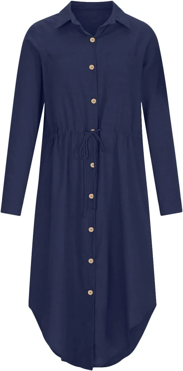 Womens Summer Dresses Long Sleeve Cotton Linen Sundress Lightweight Button Up Loose Casual Midi Dresse
