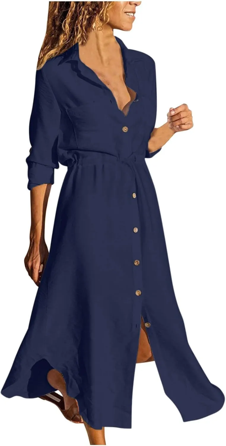 Womens Summer Dresses Long Sleeve Cotton Linen Sundress Lightweight Button Up Loose Casual Midi Dresse