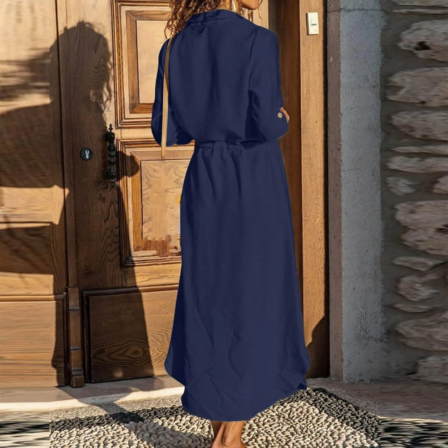 Womens Summer Dresses Long Sleeve Cotton Linen Sundress Lightweight Button Up Loose Casual Midi Dresse
