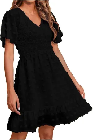 Womens Summer Dresses Short Flutter Sleeve v Neck Dresses Casual Empire Waist A-Line Dresses Mini Vacation Sundresses