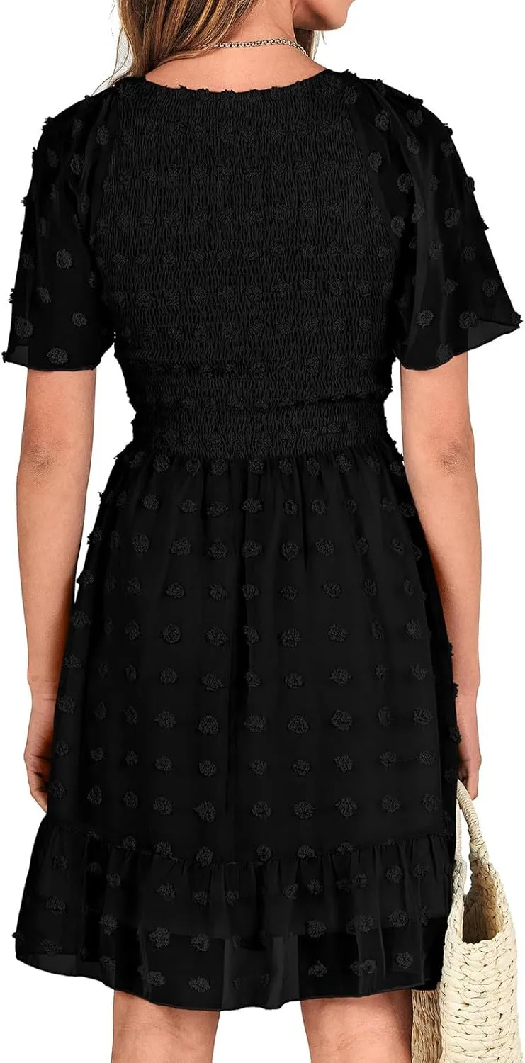 Womens Summer Dresses Short Flutter Sleeve v Neck Dresses Casual Empire Waist A-Line Dresses Mini Vacation Sundresses