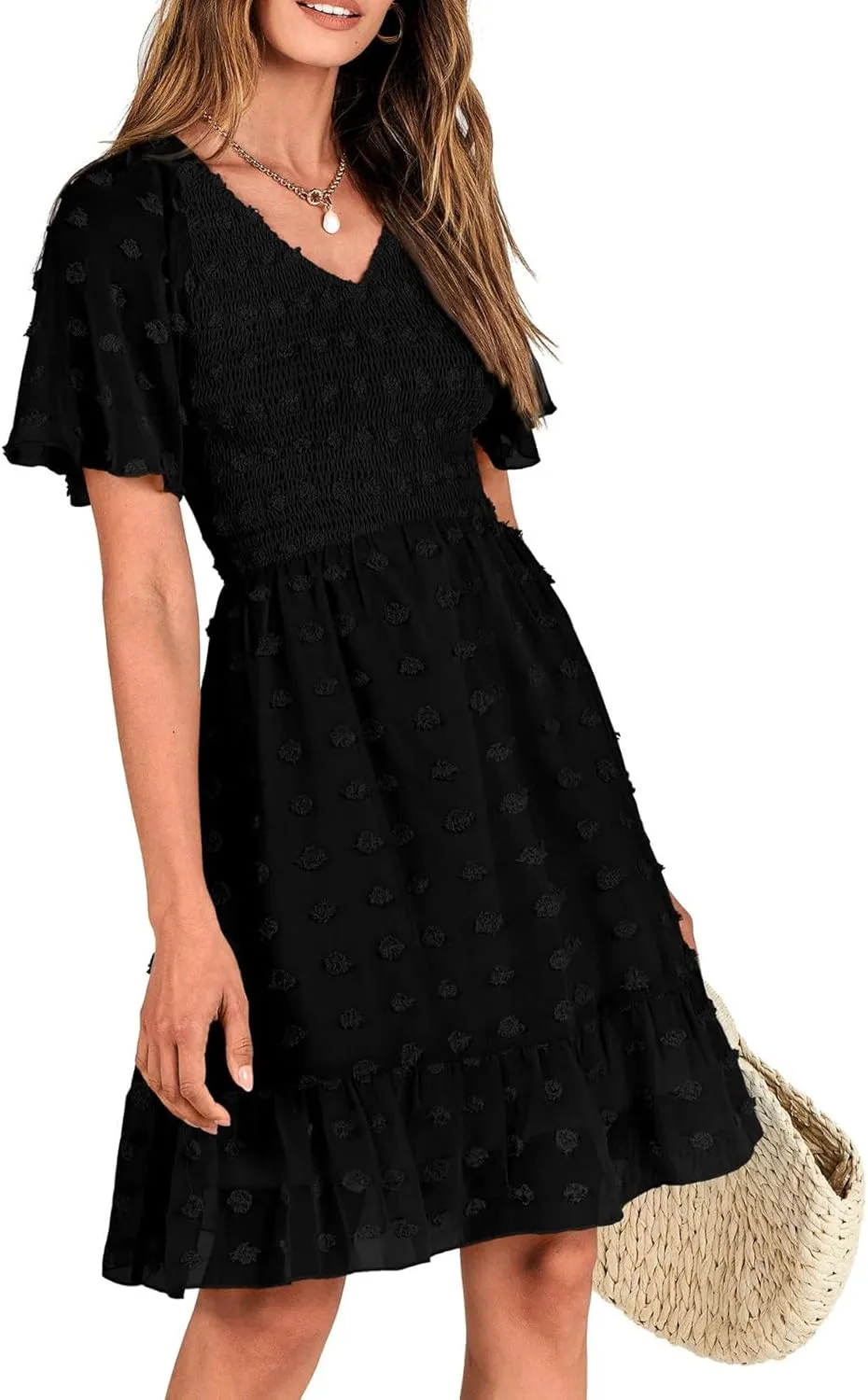 Womens Summer Dresses Short Flutter Sleeve v Neck Dresses Casual Empire Waist A-Line Dresses Mini Vacation Sundresses
