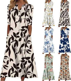 Womens Summer Dresses V Neck Floral Printed Midi Dress Casual Short Sleeve Dresses Trendy Flowy Vacation Sundresses