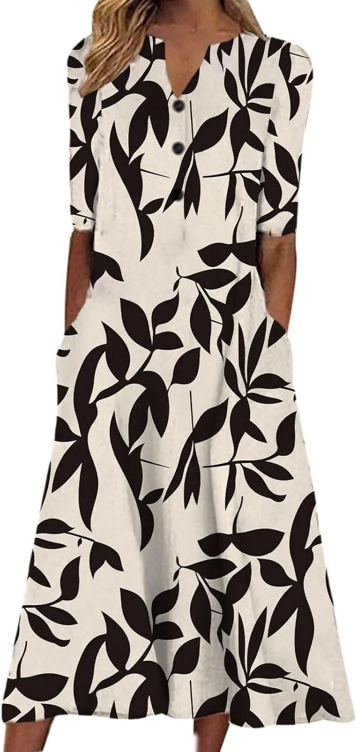 Womens Summer Dresses V Neck Floral Printed Midi Dress Casual Short Sleeve Dresses Trendy Flowy Vacation Sundresses