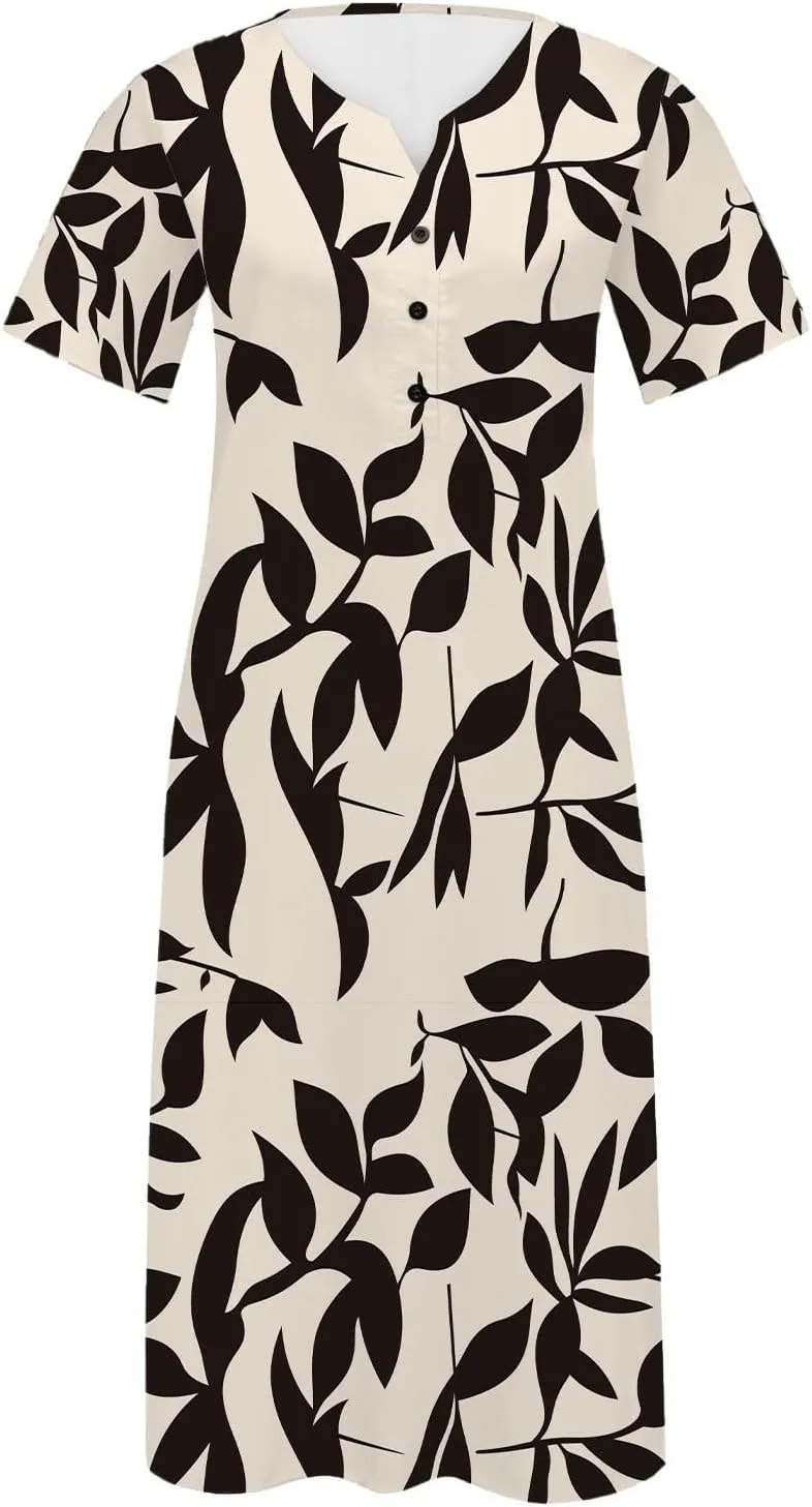 Womens Summer Dresses V Neck Floral Printed Midi Dress Casual Short Sleeve Dresses Trendy Flowy Vacation Sundresses