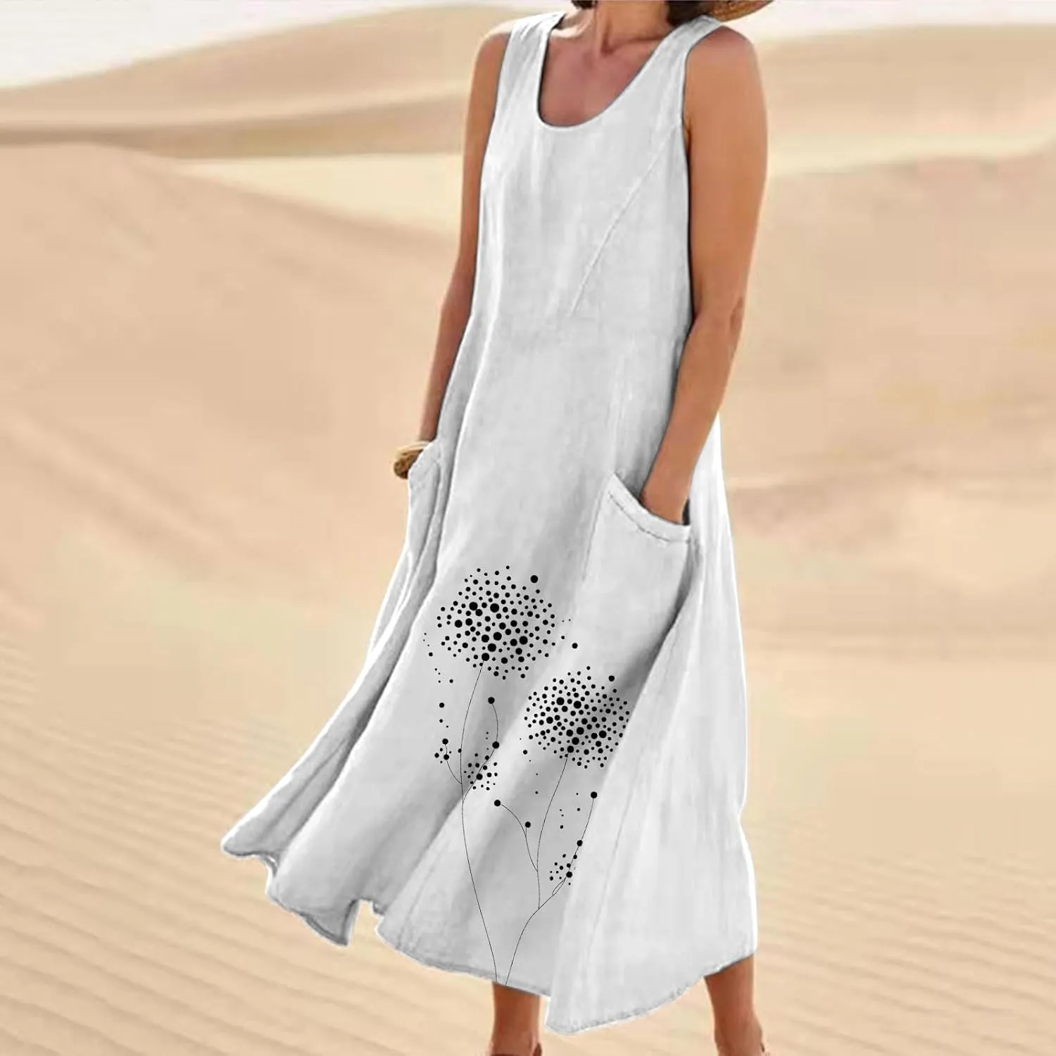 Womens Summer Linen Dresses Casual Floral Dresses Loose Fit Maxi Dresses Trendy Summer Beach Clothes with Pocket