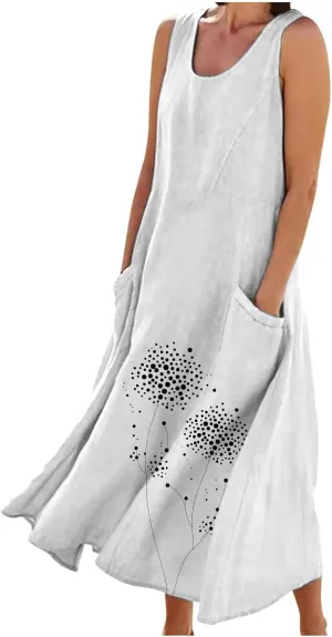 Womens Summer Linen Dresses Casual Floral Dresses Loose Fit Maxi Dresses Trendy Summer Beach Clothes with Pocket