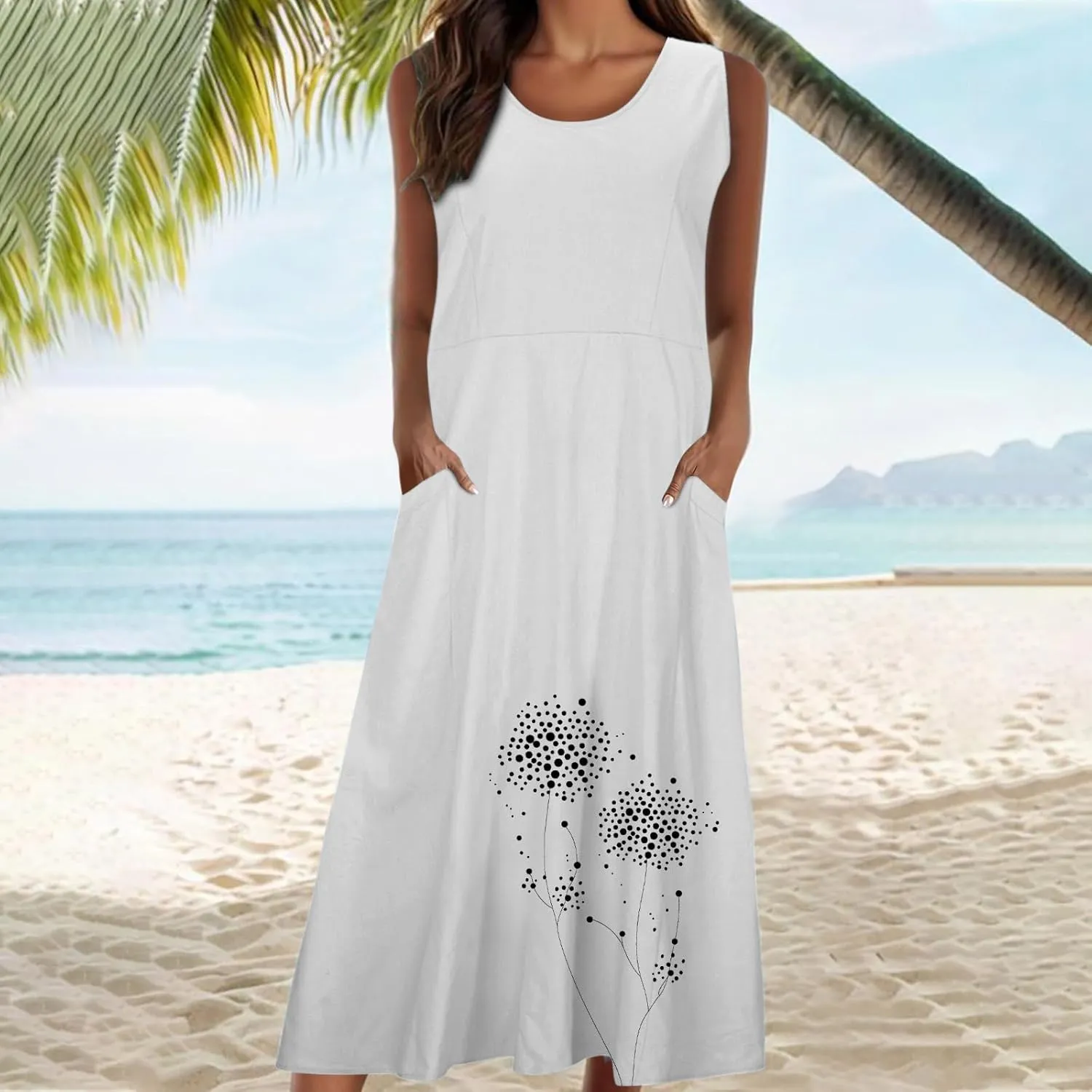 Womens Summer Linen Dresses Casual Floral Dresses Loose Fit Maxi Dresses Trendy Summer Beach Clothes with Pocket