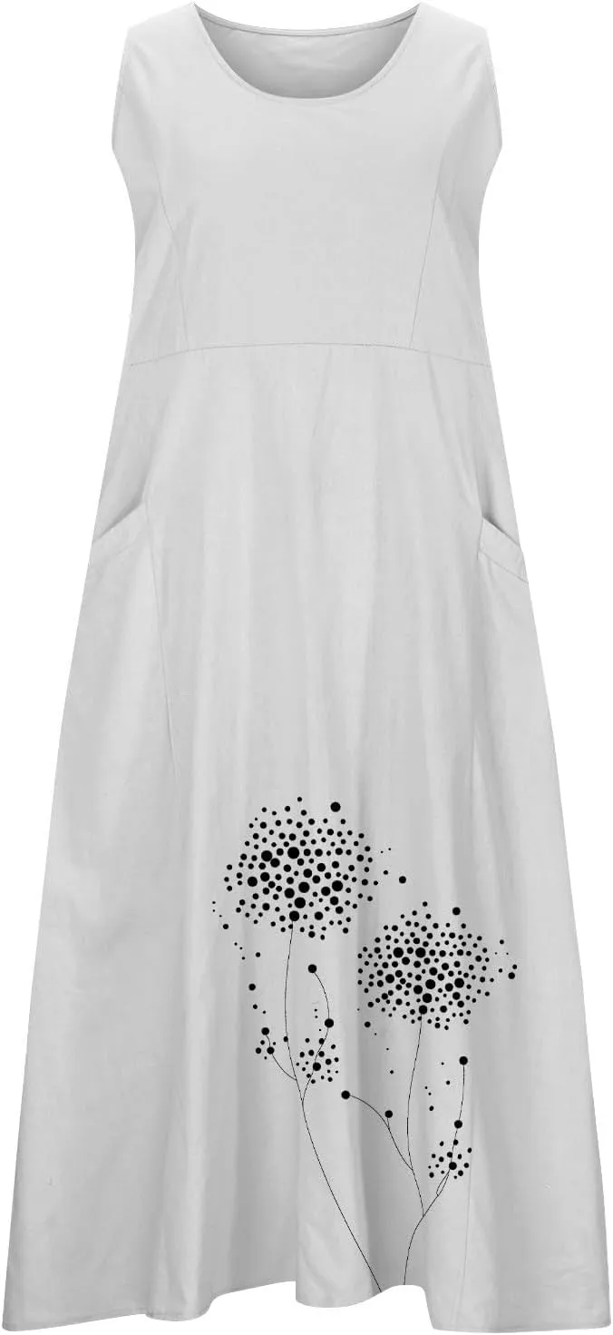 Womens Summer Linen Dresses Casual Floral Dresses Loose Fit Maxi Dresses Trendy Summer Beach Clothes with Pocket