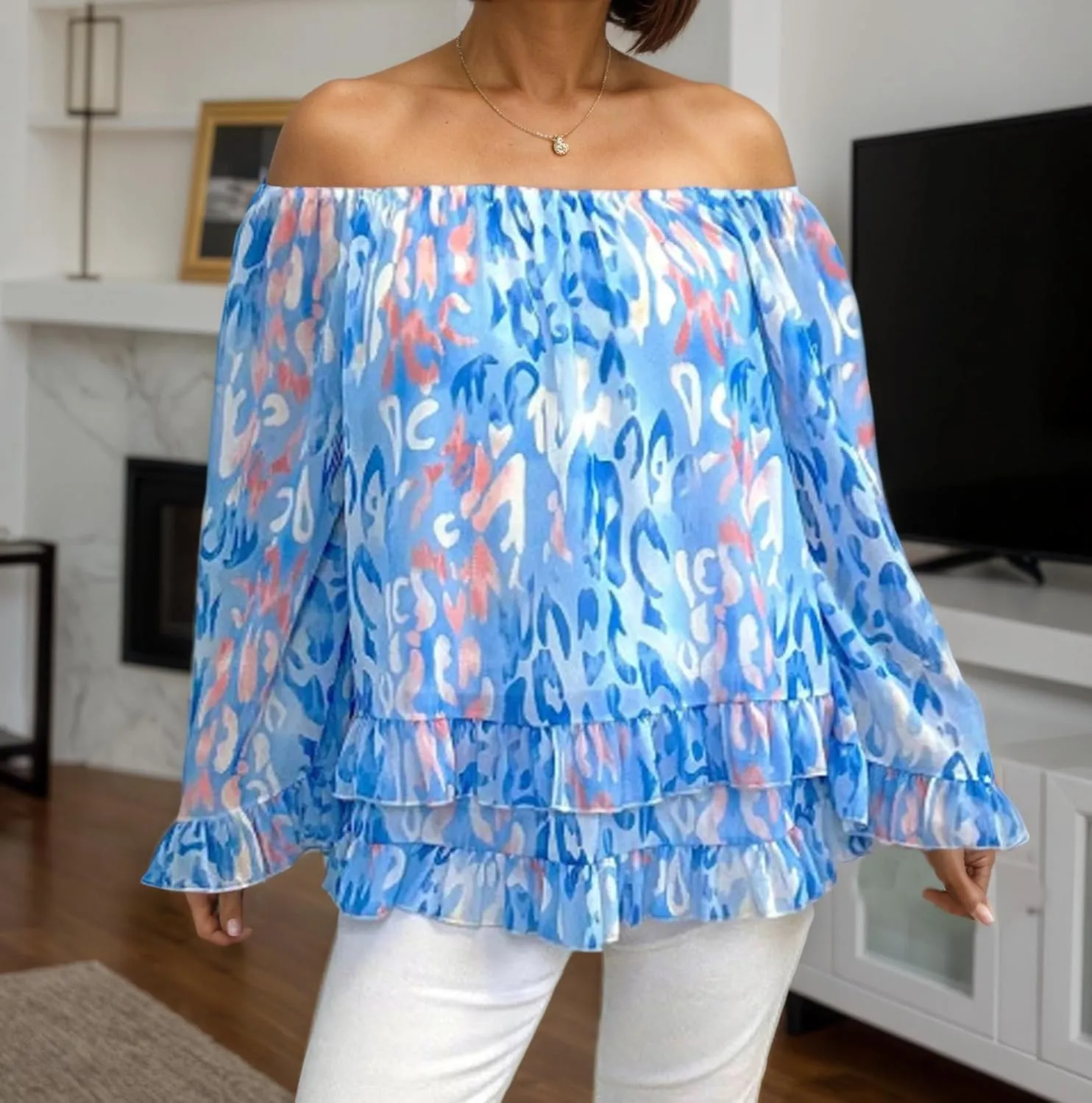 Women's Summer Off Shoulder Tops Ruffled Long Sleeve Boho Floral Print Blouse Shirts Blouses