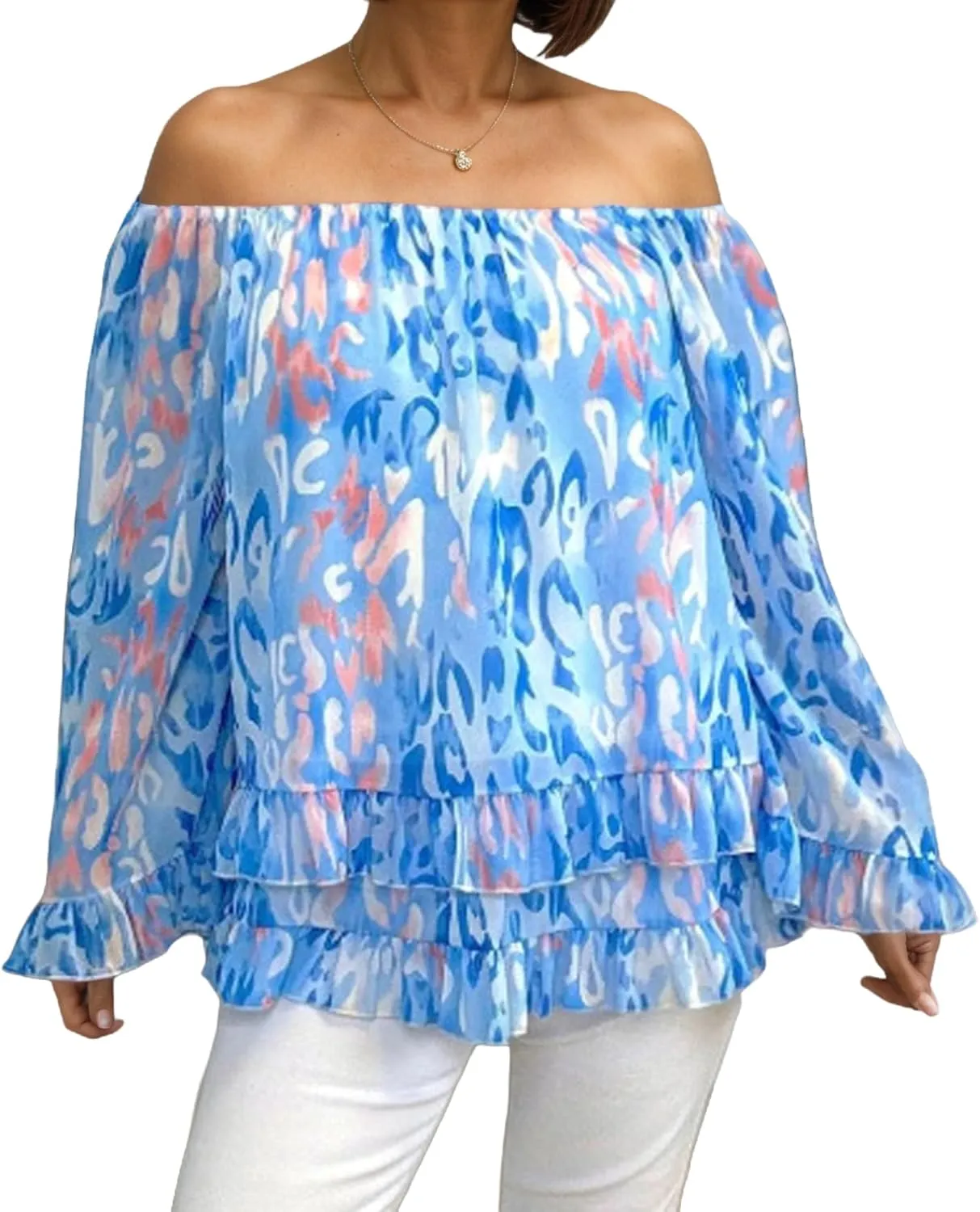 Women's Summer Off Shoulder Tops Ruffled Long Sleeve Boho Floral Print Blouse Shirts Blouses