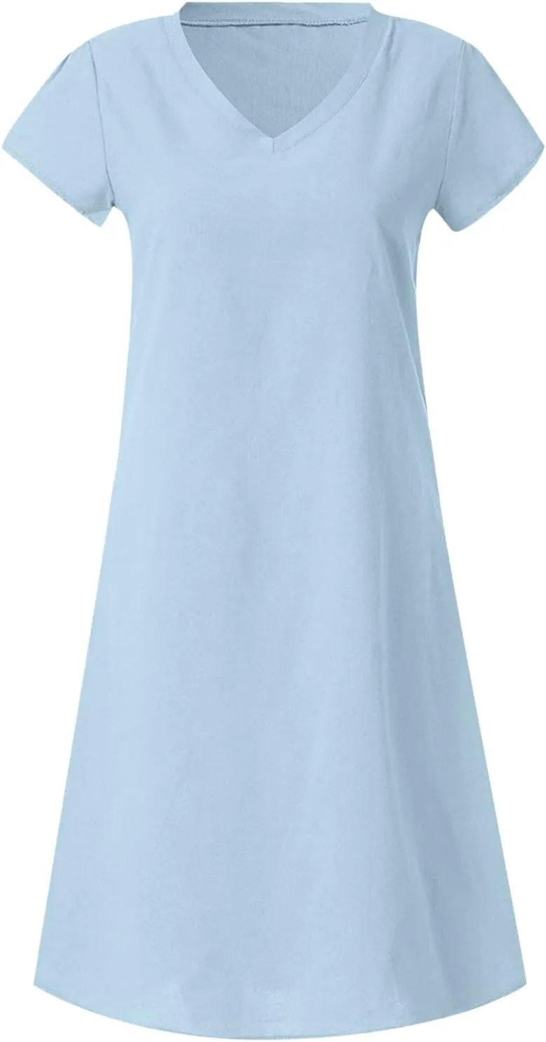 Womens Summer Short Sleeve Cotton Linen Dress Solid Loose V-Neck Shirt Dress Midi Length Vocation Beach Dress