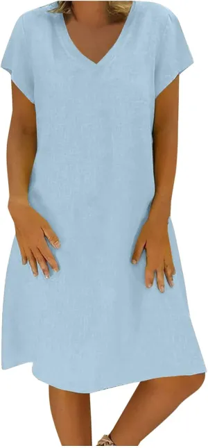 Womens Summer Short Sleeve Cotton Linen Dress Solid Loose V-Neck Shirt Dress Midi Length Vocation Beach Dress