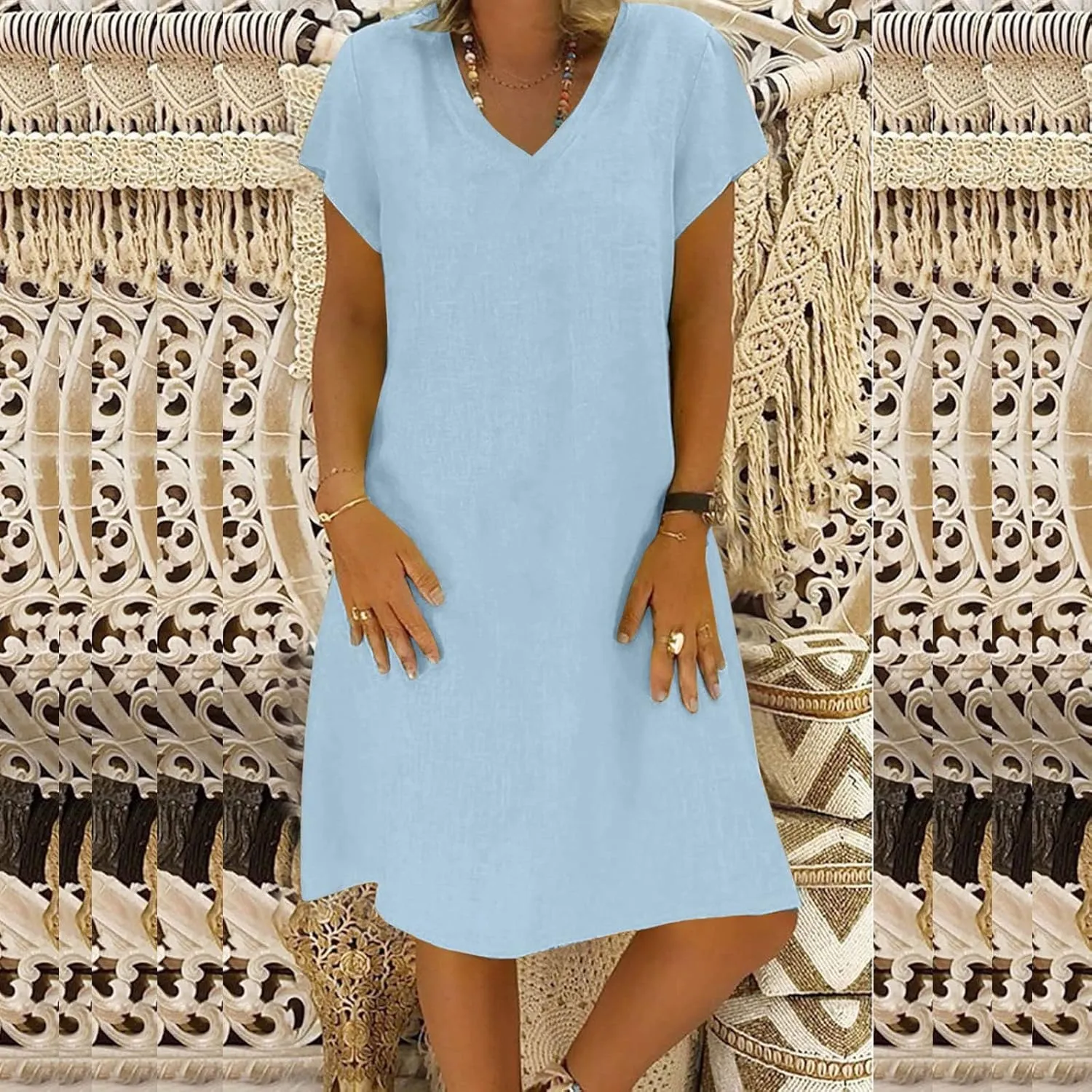 Womens Summer Short Sleeve Cotton Linen Dress Solid Loose V-Neck Shirt Dress Midi Length Vocation Beach Dress