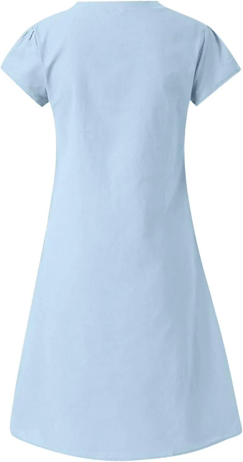 Womens Summer Short Sleeve Cotton Linen Dress Solid Loose V-Neck Shirt Dress Midi Length Vocation Beach Dress